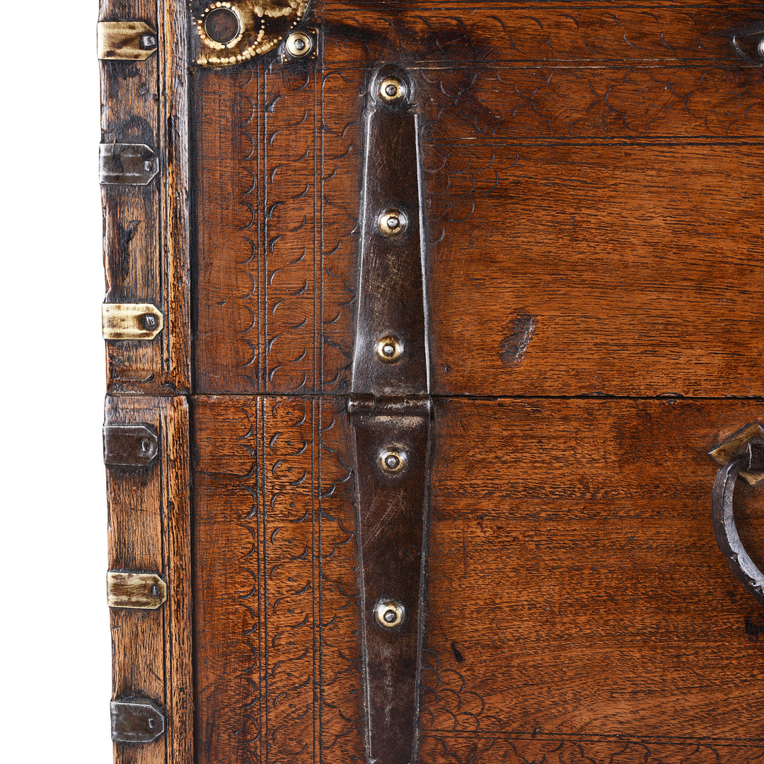 Hinge Detail From 19th Century Rajasthani Roheda Wood Merchants Box With Brass Binding And Carved Geometric Decoration