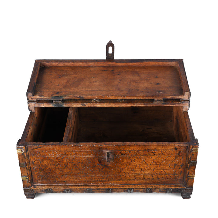 Interior Of 19th Century Rajasthani Roheda Wood Merchants Box With Brass Binding And Carved Geometric Decoration