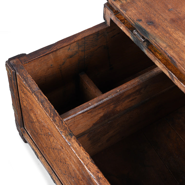 Detail From Interior Of 19th Century Rajasthani Roheda Wood Merchants Box With Brass Binding And Carved Geometric Decoration