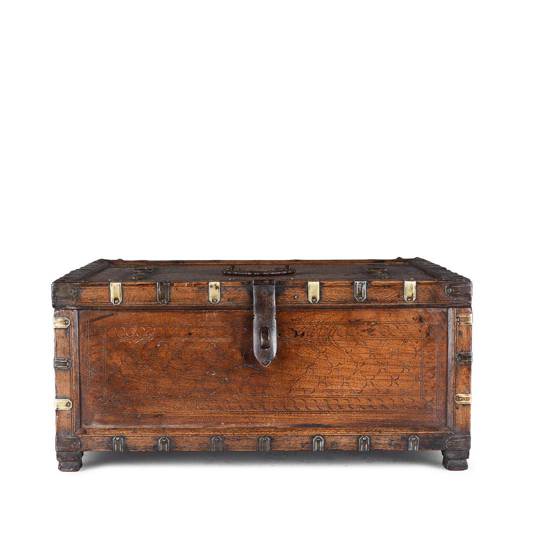 19th Century Rajasthani Roheda Wood Merchants Box With Brass Binding And Carved Geometric Decoration