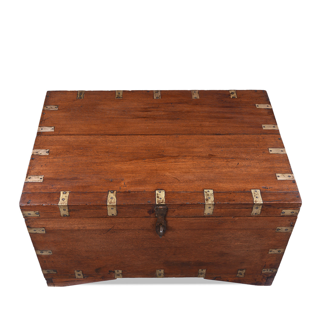 Top Down View Of Antique Anglo Indian Brass Bound Teak Military Chest Nineteenth Century
