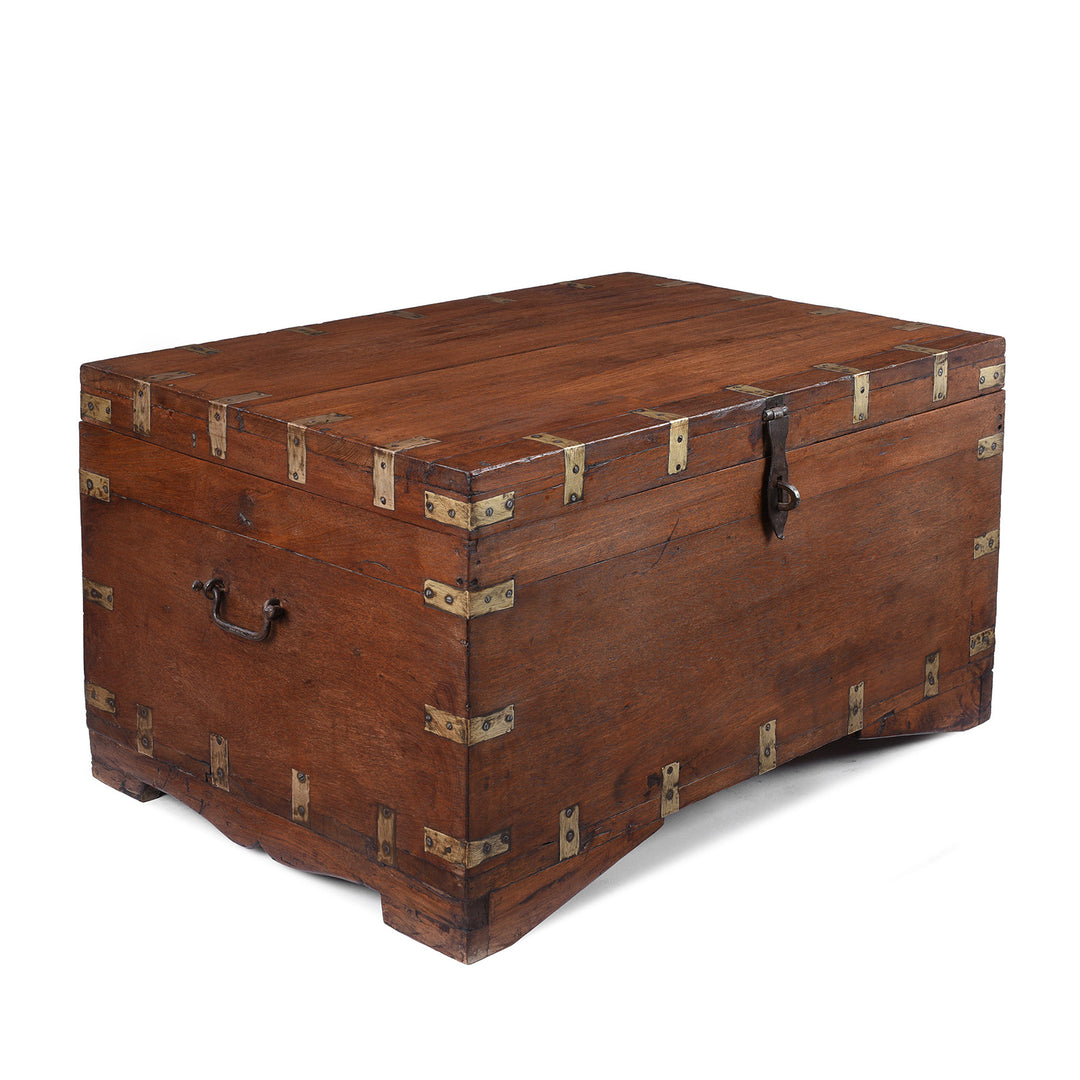 Angled View Of Antique Anglo Indian Brass Bound Teak Military Chest Nineteenth Century