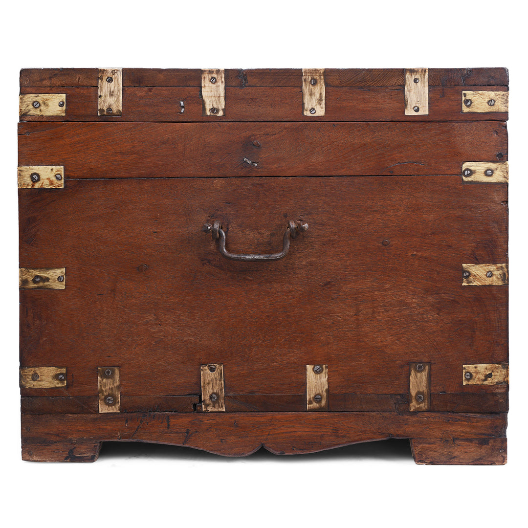 Side View Of Antique Anglo Indian Brass Bound Teak Military Chest Nineteenth Century