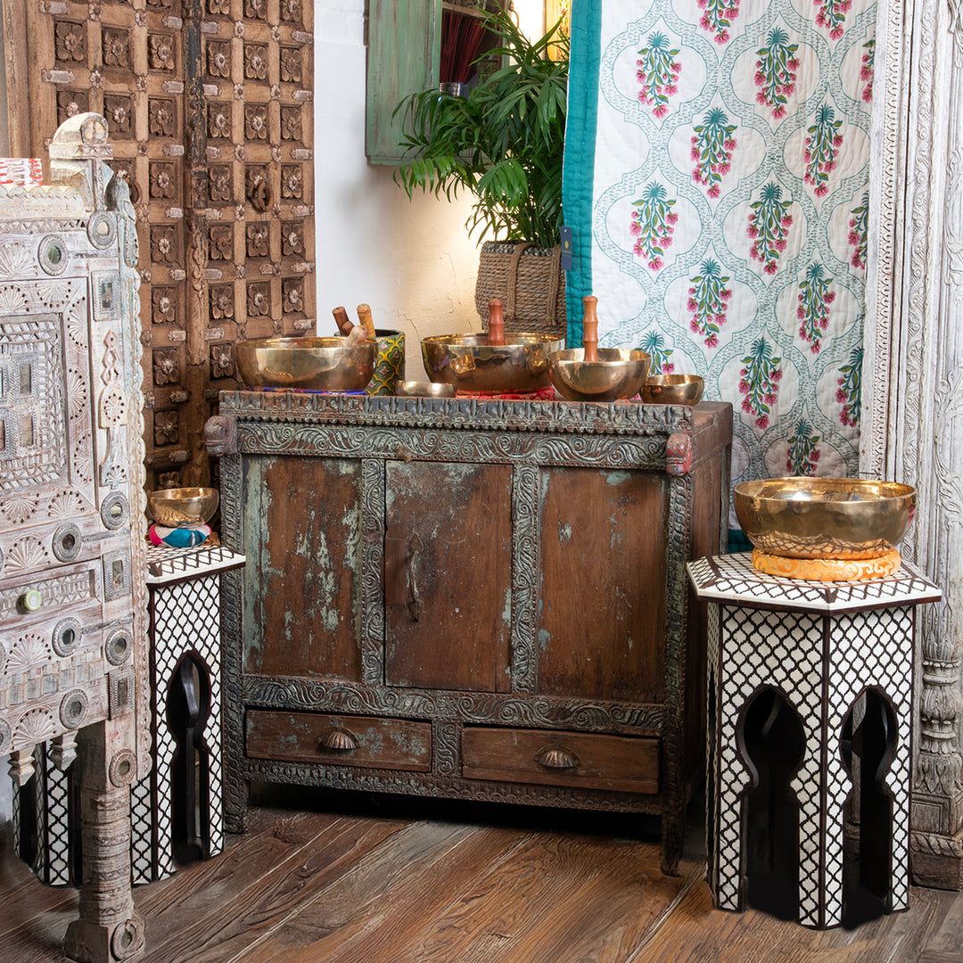 A living room filled with Mughal antiques and an Indian Dowry Chest