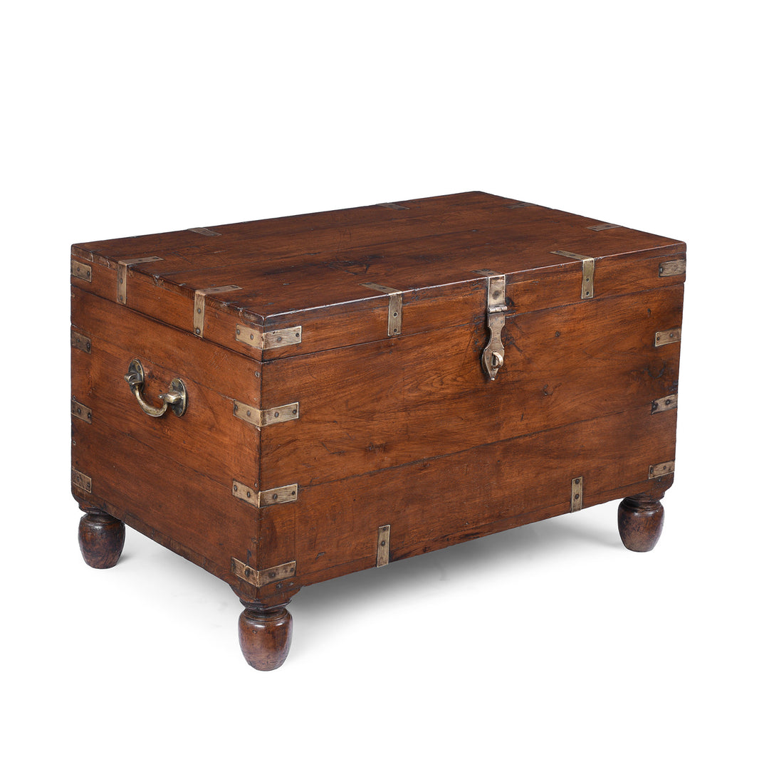 Angled VIew Of Antique Indian Brass Bound Teak Military Chest | Indigo Antiques
