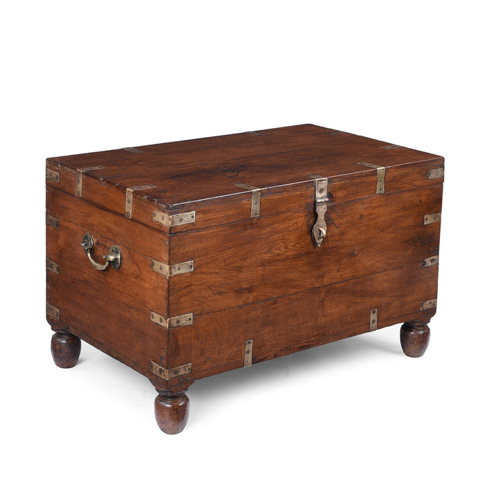 Angled VIew Of Antique Indian Brass Bound Teak Military Chest | Indigo Antiques