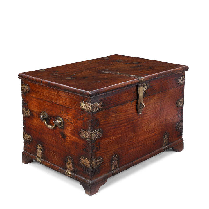 Angled View Of Anglo Indian Maritime Trade Chest With Ruyi Brass Mounts And Gandaberunda Lock Plate