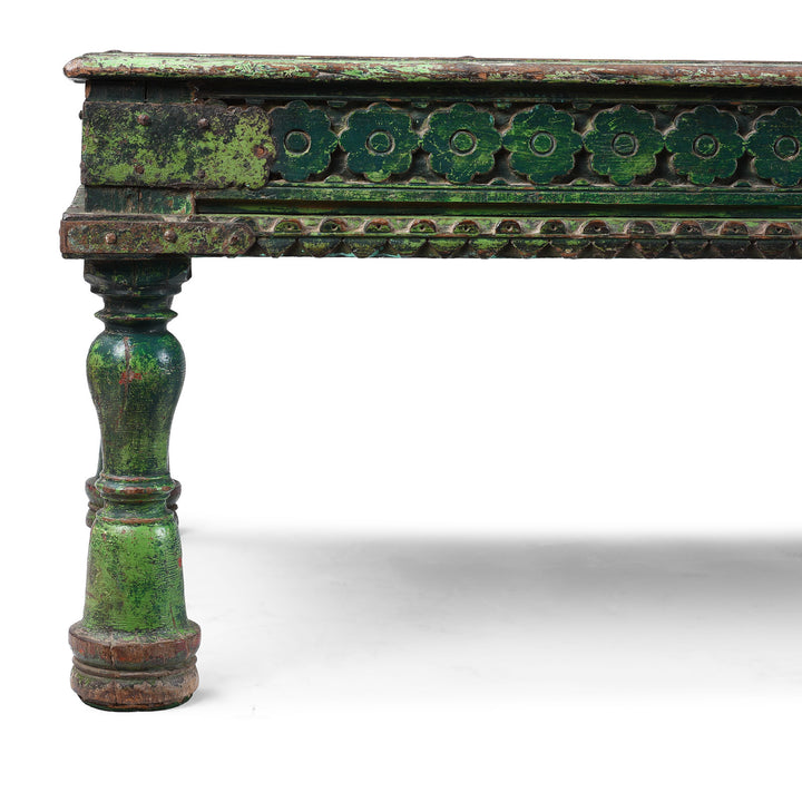 Turned Leg And Carving Detail From Green Painted Patan Takhat Coffee Table With Carved Sides