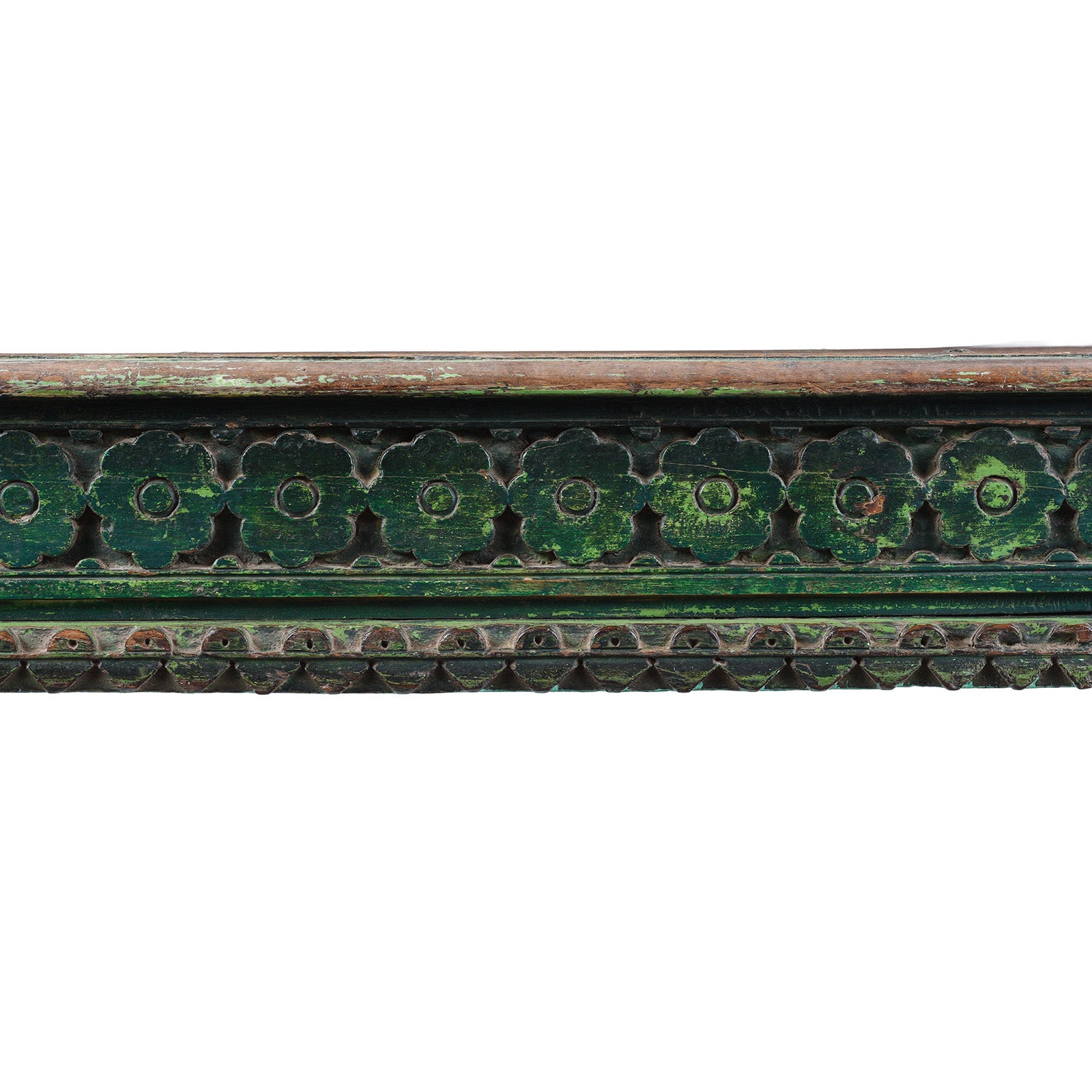 Carving Detail From Green Painted Patan Takhat Coffee Table With Carved Sides