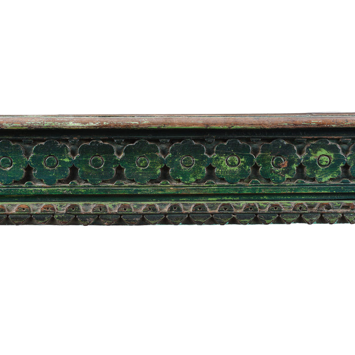 Carving Detail From Green Painted Patan Takhat Coffee Table With Carved Sides