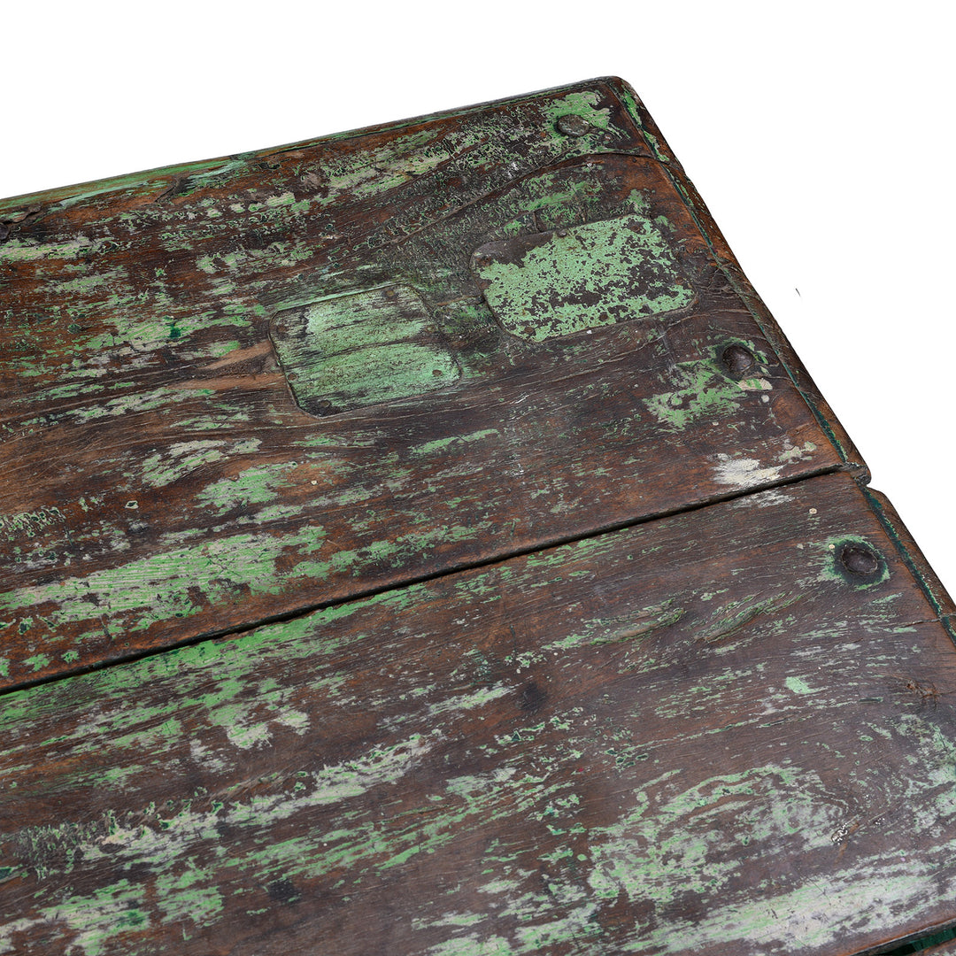 Surface Detail From Green Painted Patan Takhat Coffee Table With Carved Sides