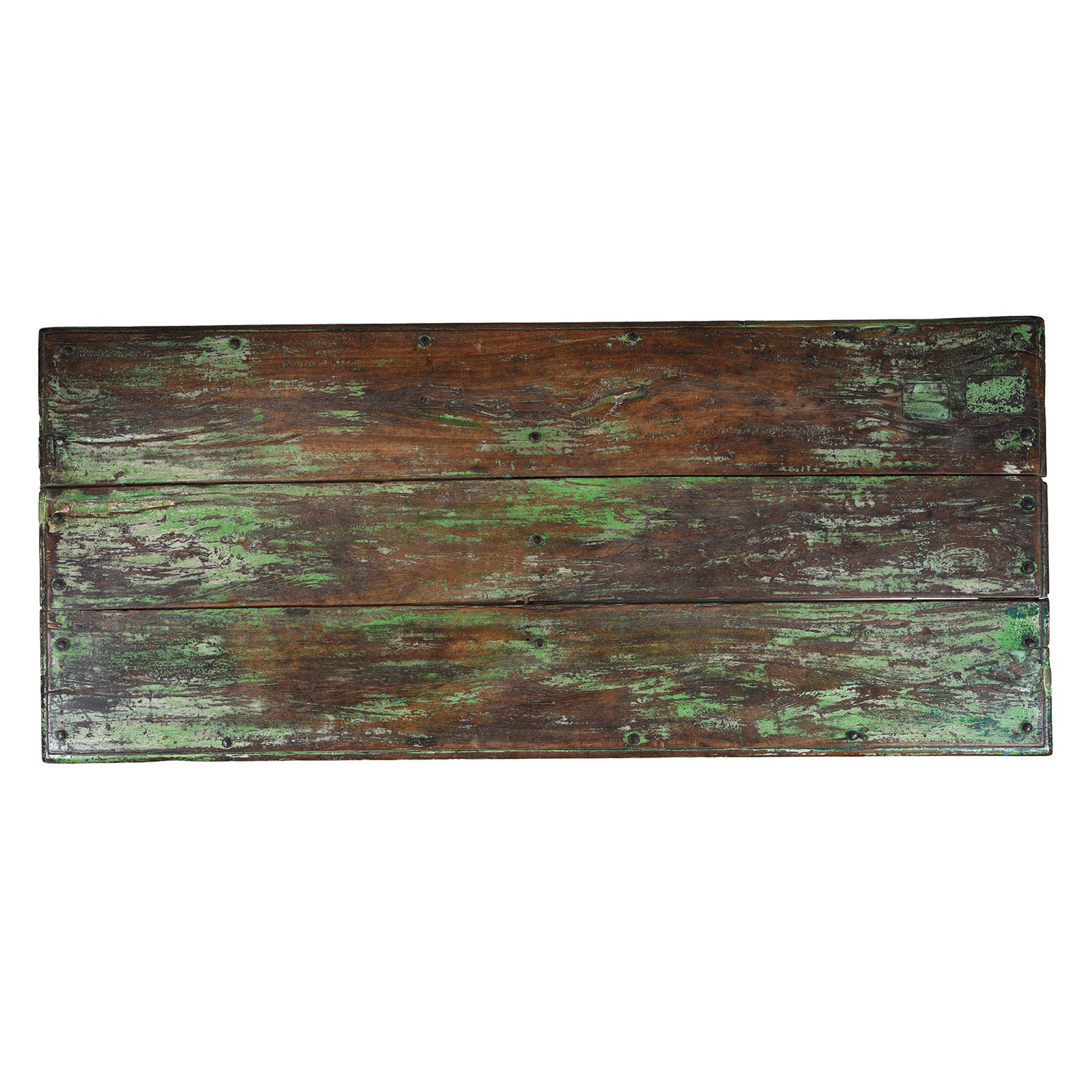 Top Down View Of Green Painted Patan Takhat Coffee Table With Carved Sides