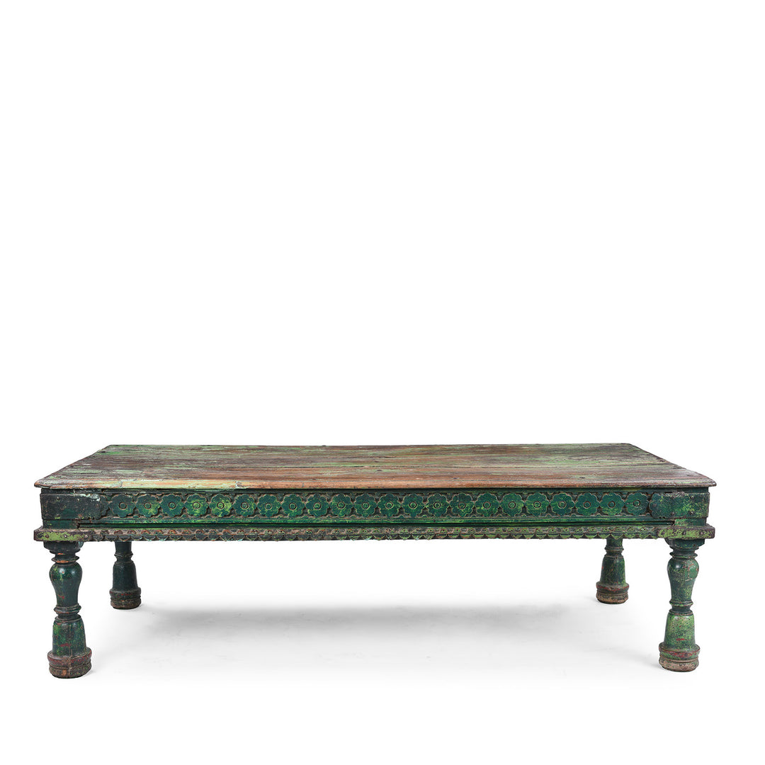 Green Painted Patan Takhat Coffee Table With Carved Sides