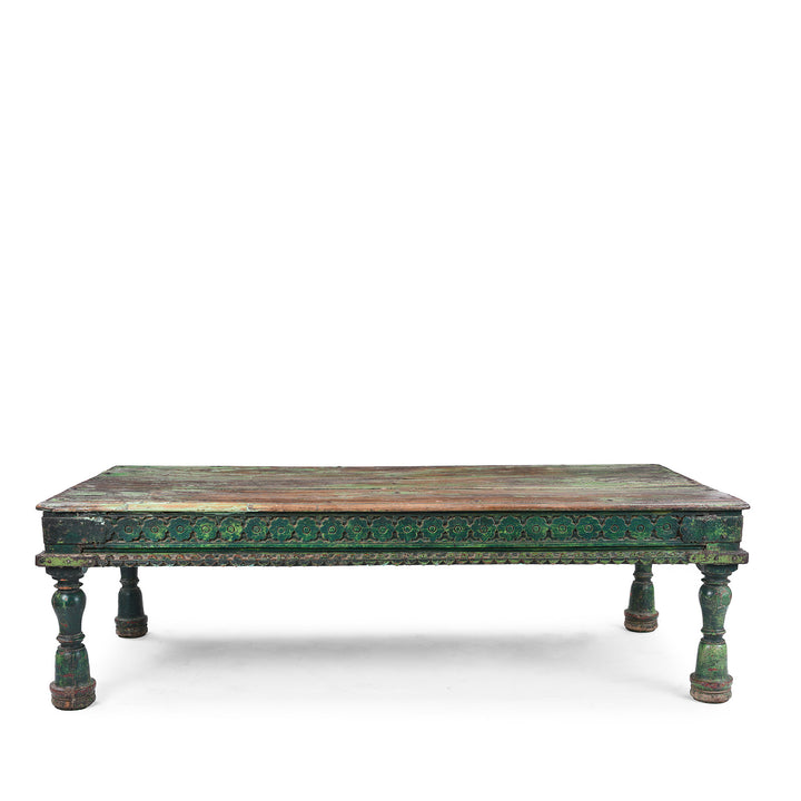 Green Painted Patan Takhat Coffee Table With Carved Sides