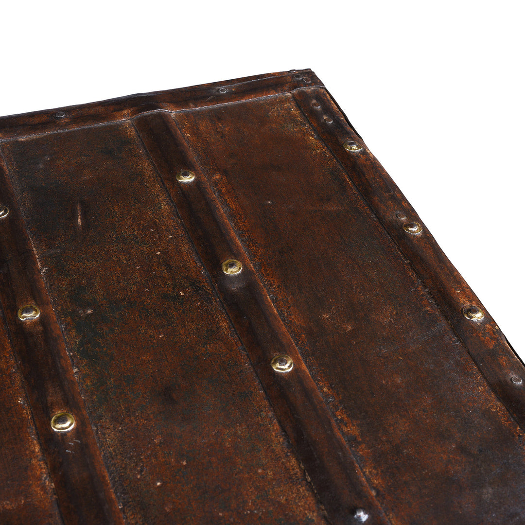 Lid Detail From Antique 18th Century Iron Bound Teak Pithara Dowry Chest With Brass Studs Carved Animal Motifs And Interior Chains Adapted As Console Table