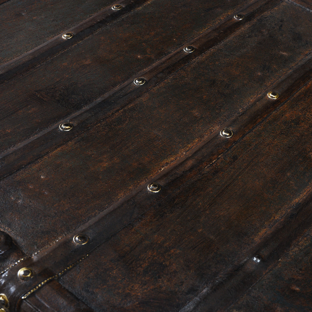 Lid Detail From Antique 18th Century Iron Bound Teak Pithara Dowry Chest With Brass Studs Carved Animal Motifs And Interior Chains Adapted As Console Table