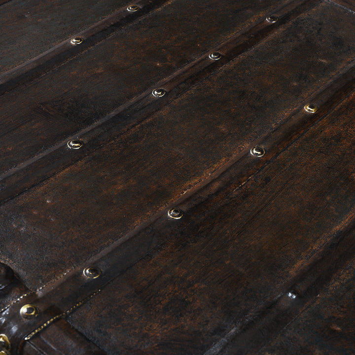Lid Detail From Antique 18th Century Iron Bound Teak Pithara Dowry Chest With Brass Studs Carved Animal Motifs And Interior Chains Adapted As Console Table