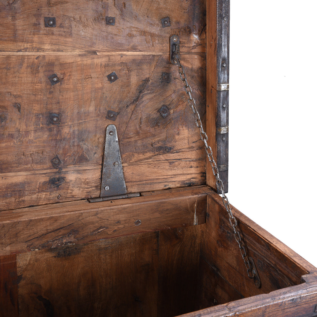 Chain Detail From Antique 18th Century Iron Bound Teak Pithara Dowry Chest With Brass Studs Carved Animal Motifs And Interior Chains Adapted As Console Table