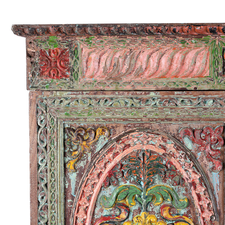 Corner Detail Displaying Carving On Antique indian Painted Almirah Cabinet | Indigo Antiques