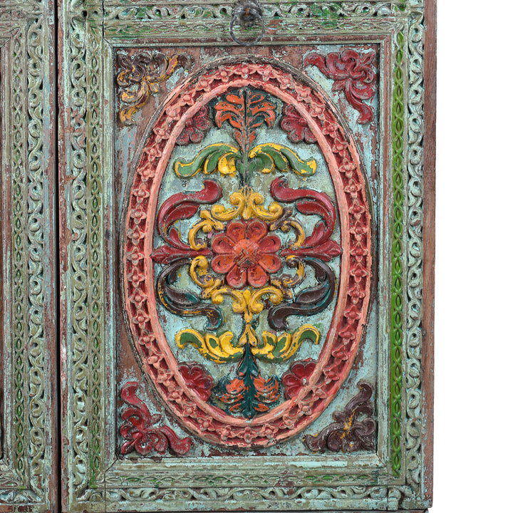 Carving Detail From Antique indian Painted Almirah Cabinet | Indigo Antiques