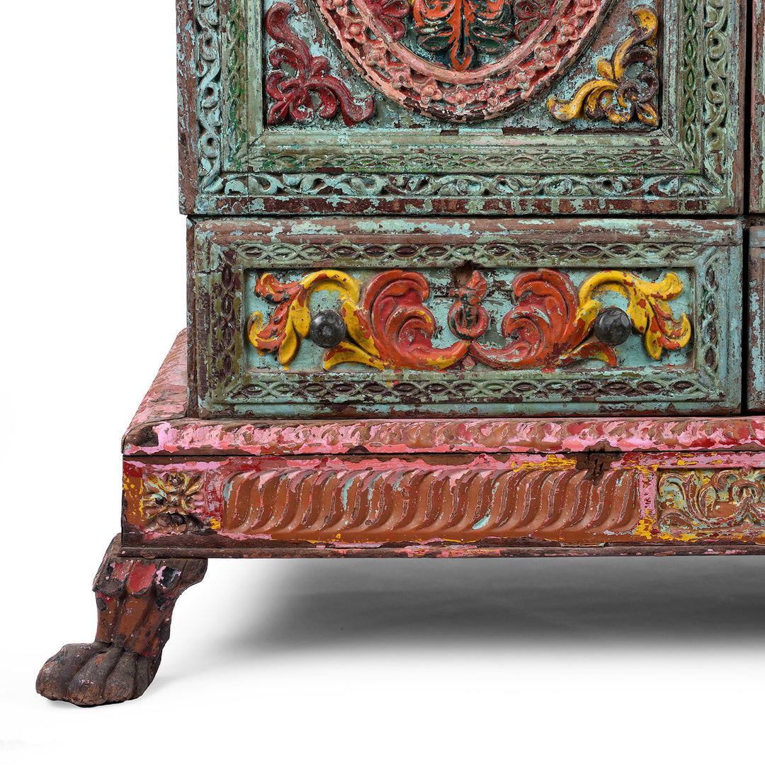 Leg Detail From Antique indian Painted Almirah Cabinet | Indigo Antiques