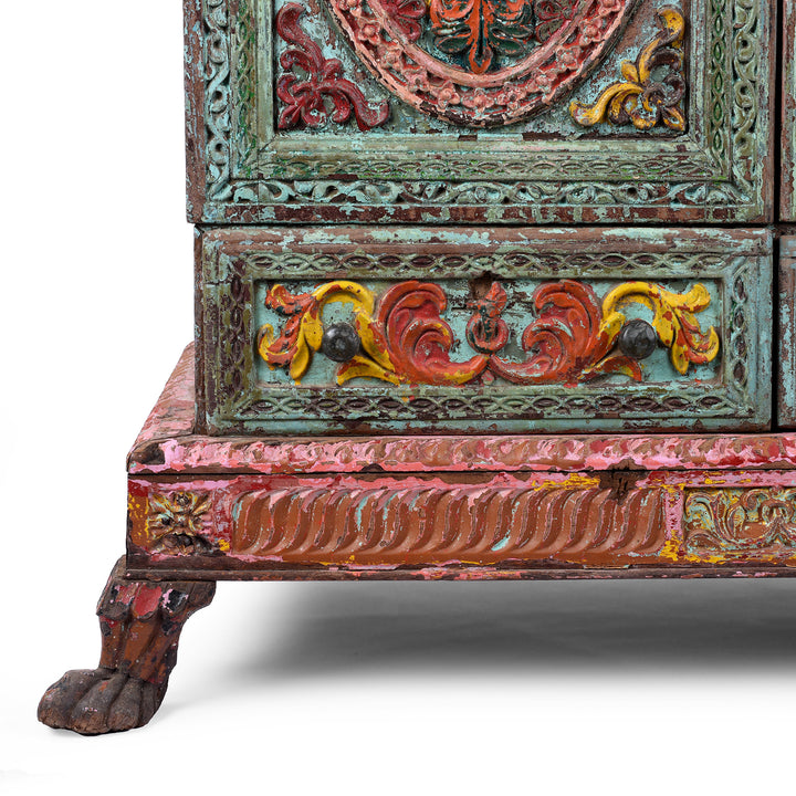 Leg Detail From Antique indian Painted Almirah Cabinet | Indigo Antiques