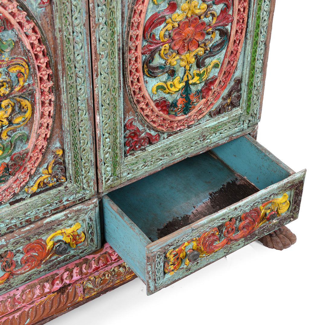Drawer Detail From Antique indian Painted Almirah Cabinet | Indigo Antiques
