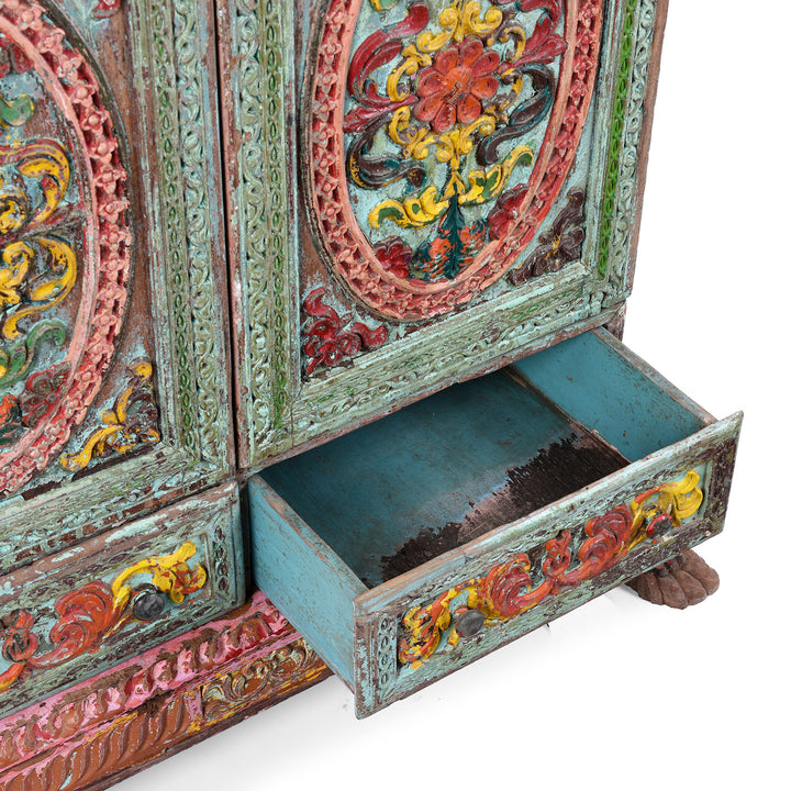 Drawer Detail From Antique indian Painted Almirah Cabinet | Indigo Antiques