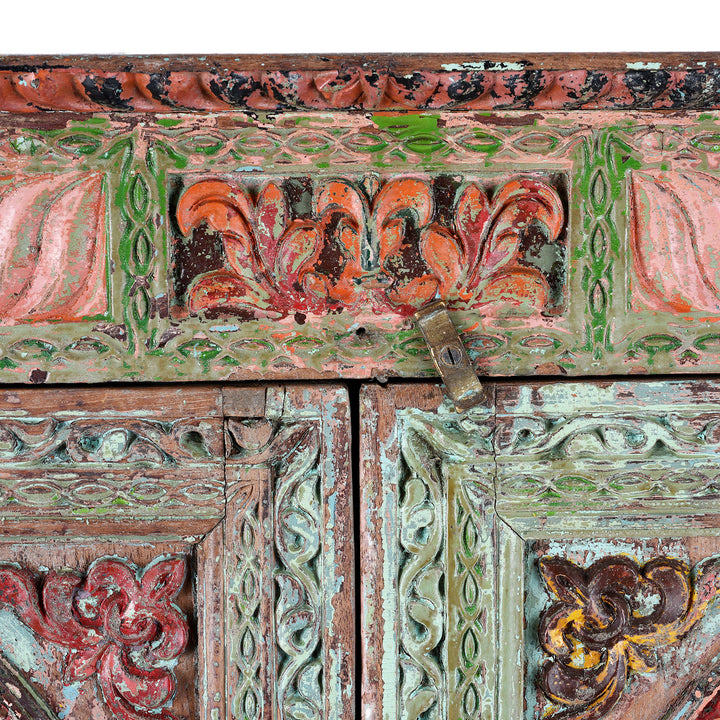 Latch Detail From Antique indian Painted Almirah Cabinet | Indigo Antiques