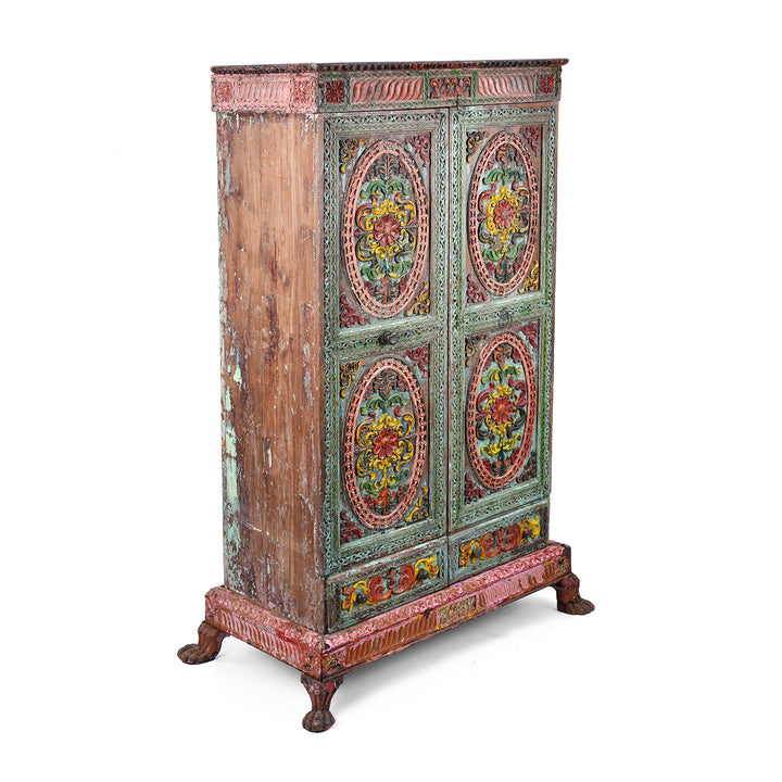 Angled VIew Of Antique indian Painted Almirah Cabinet | Indigo Antiques