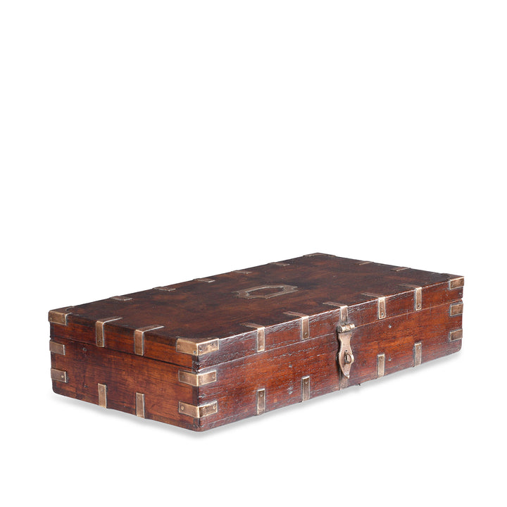 Angled View Of Antique Indian Brass Bound Military Document Box | Indigo Antiques