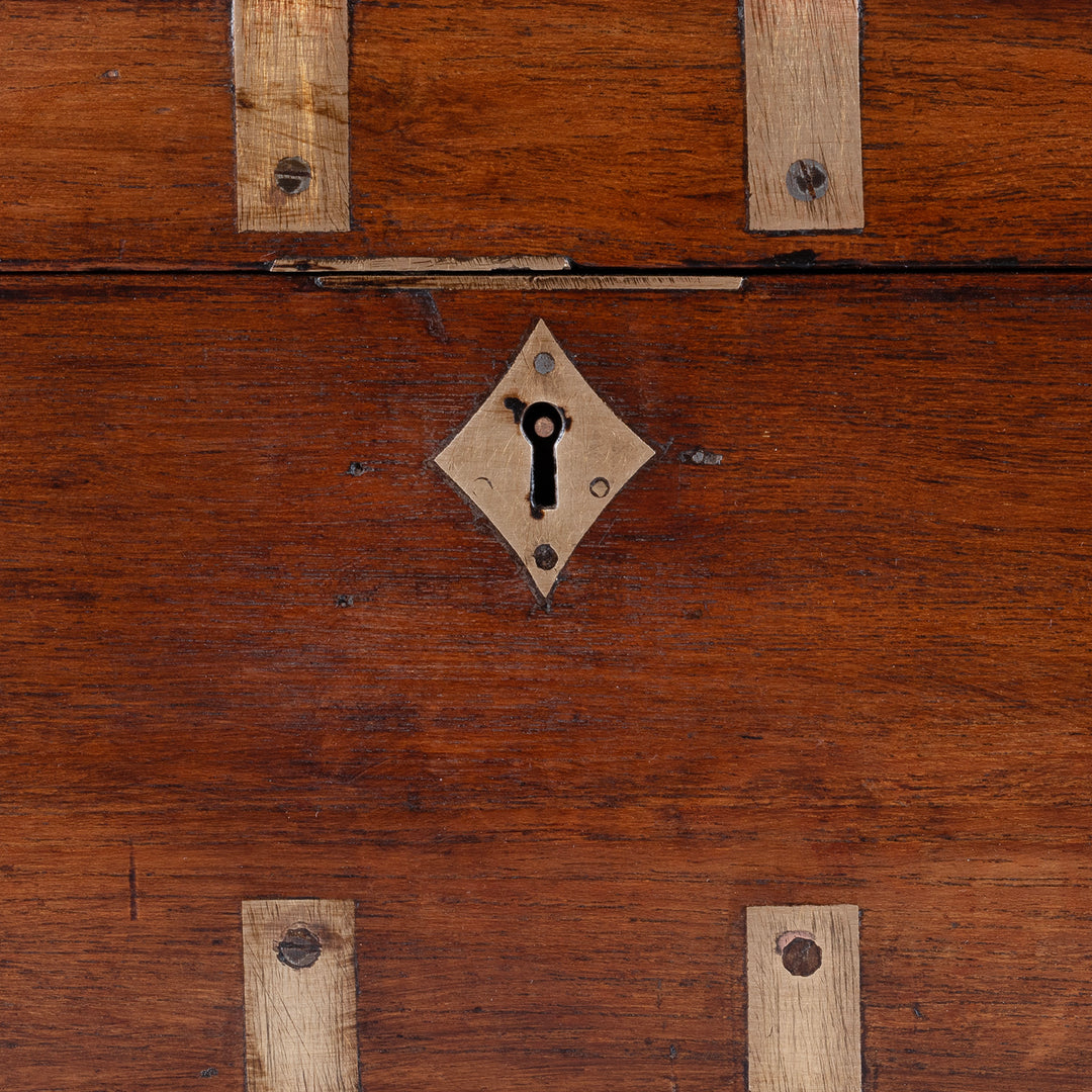 Close Up View Of Lock On Small Brass Bound Anglo Indian Teak Military Chest 19th Century With Original Fittings And Handles