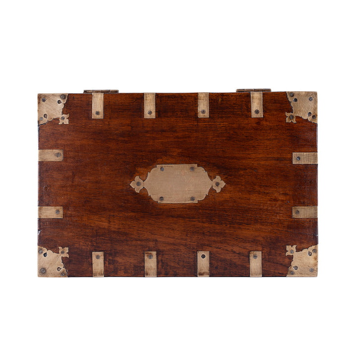 Top Down View Of Small Brass Bound Anglo Indian Teak Military Chest 19th Century With Original Fittings And Handles