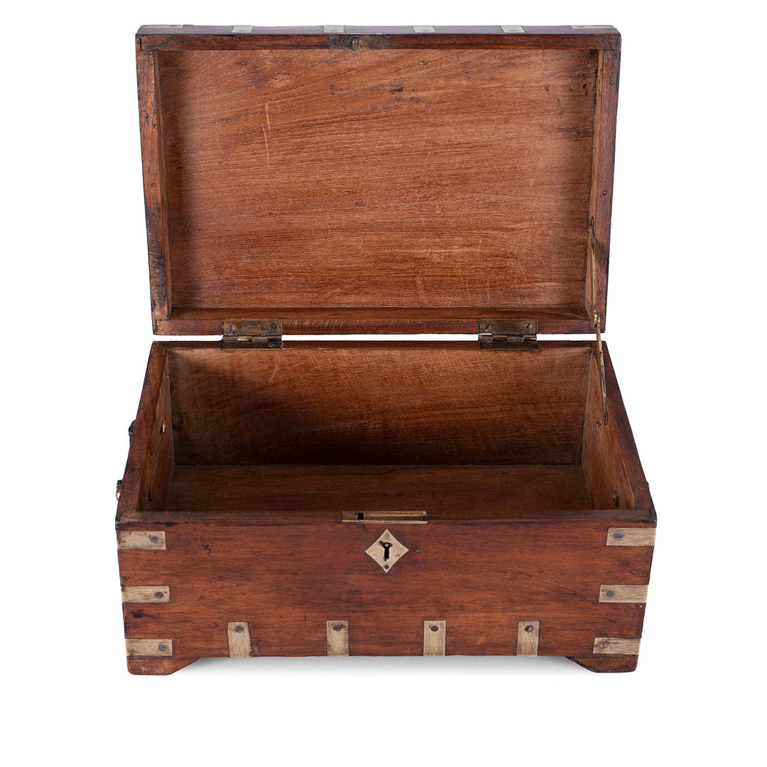 Internal View Of Small Brass Bound Anglo Indian Teak Military Chest 19th Century With Original Fittings And Handles