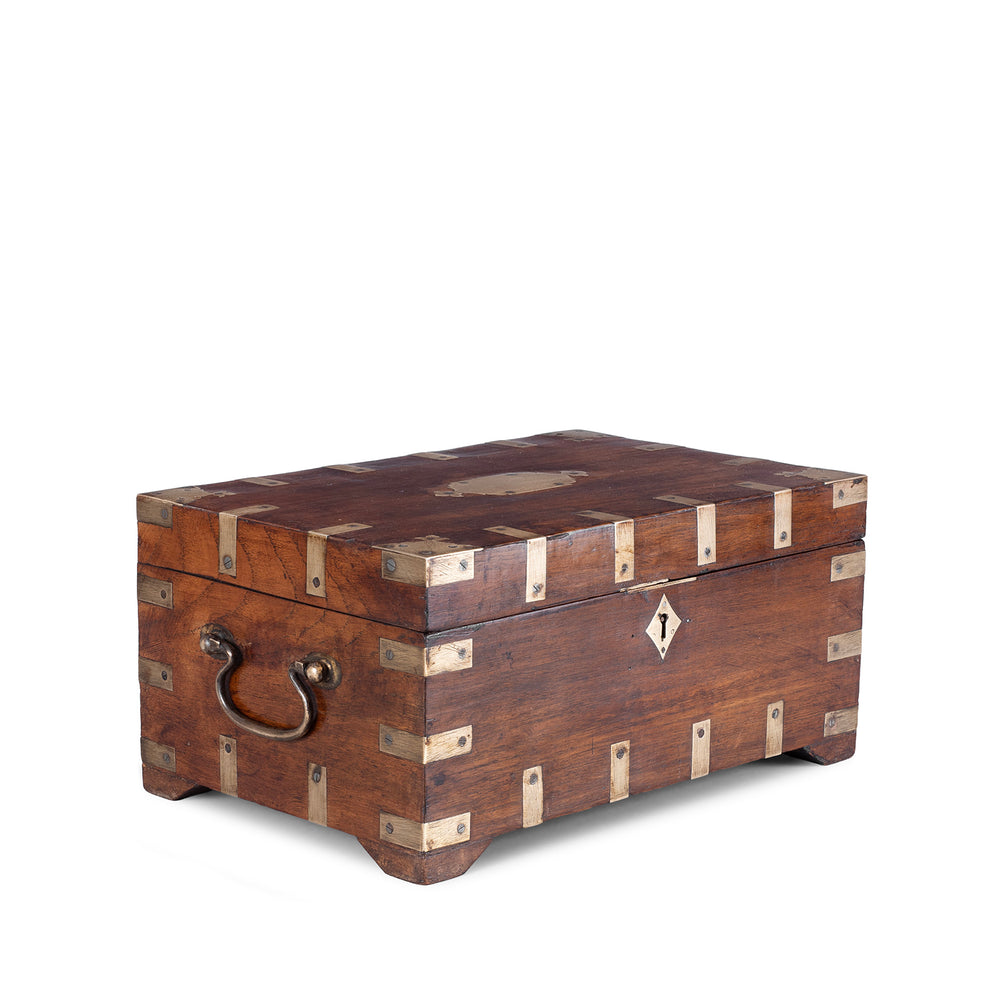 Angled View Of Small Brass Bound Anglo Indian Teak Military Chest 19th Century With Original Fittings And Handles