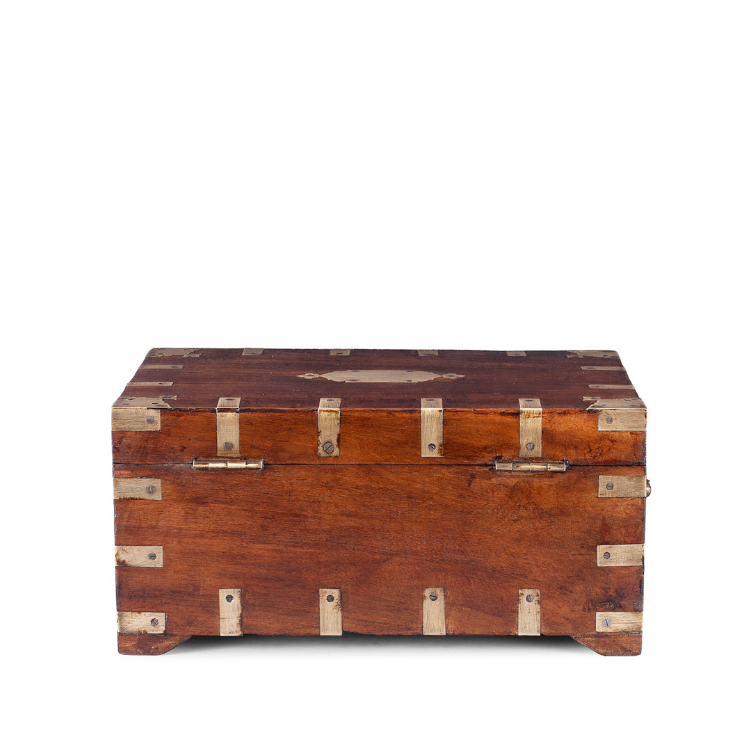 Reverse View Of Small Brass Bound Anglo Indian Teak Military Chest 19th Century With Original Fittings And Handles