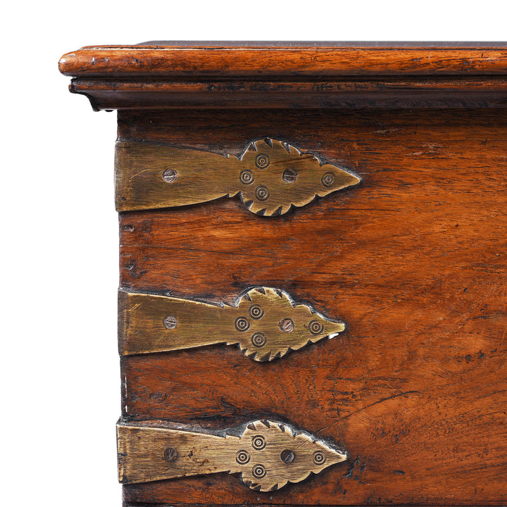 Corner Detail Showing Brass Binding From Antique Indian Brass Bound Jewellery Box | Indigo Antiques