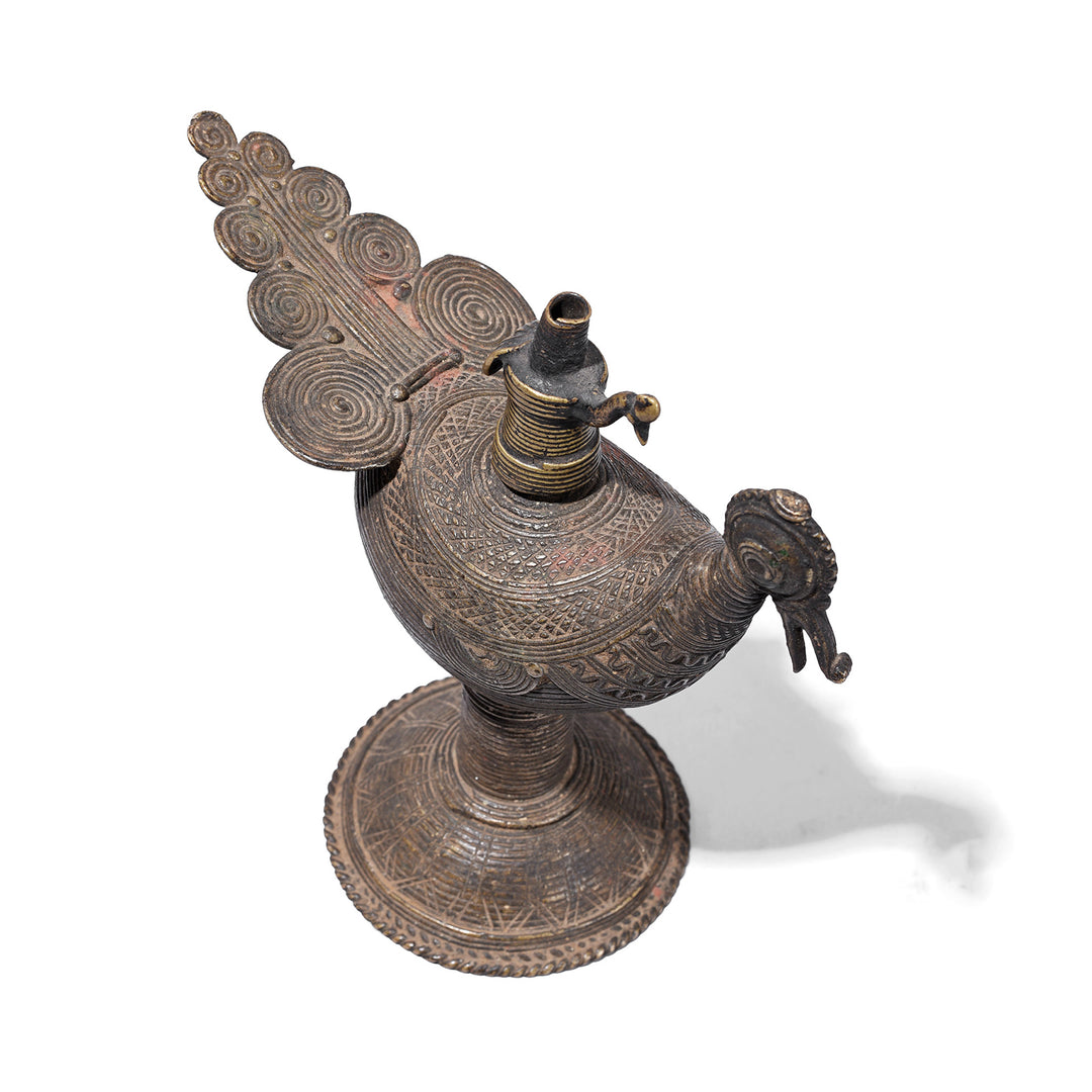 Top Down View Of Brass Dhokra Peacock Oil Lamp From Orissa With Geometric Detailing And Aged Patina Circa 1920