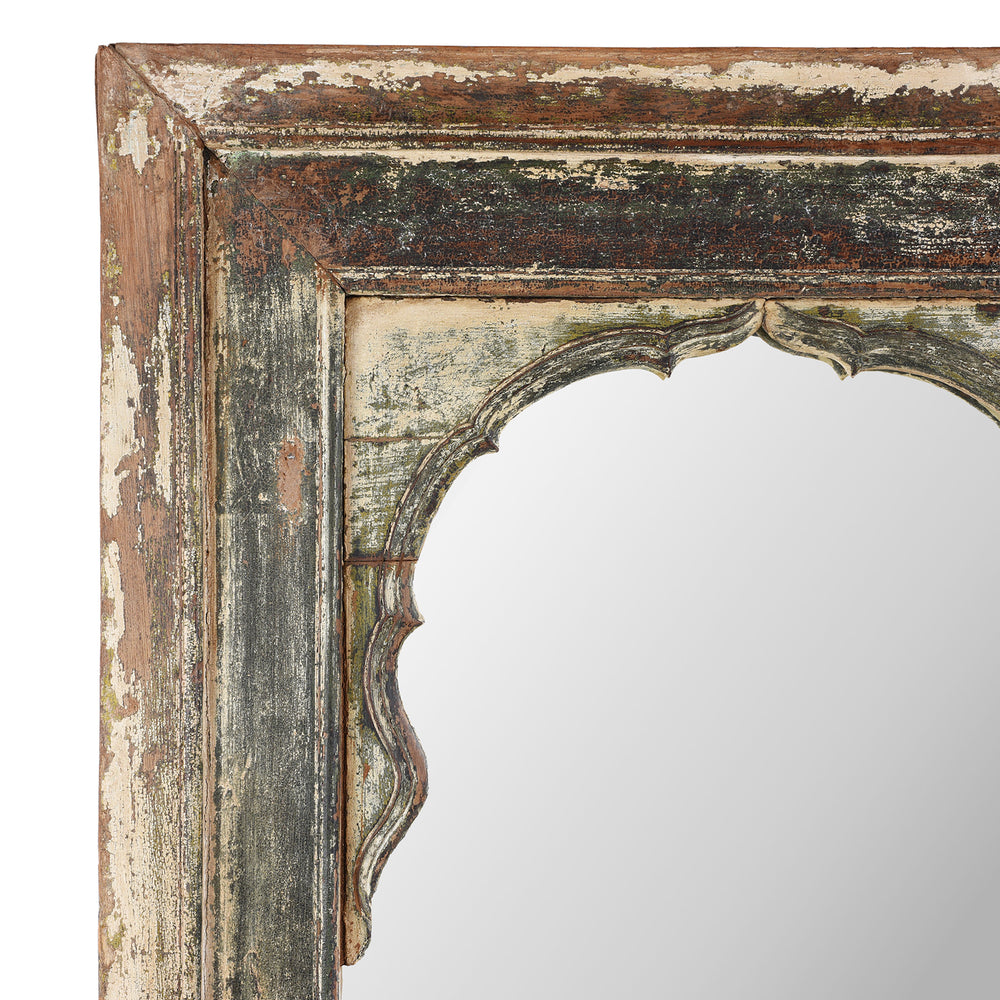 Corner Frame Detail From Antique Teak Haveli Window Frame Mirror With Distressed Paint And Mughal Arch Design