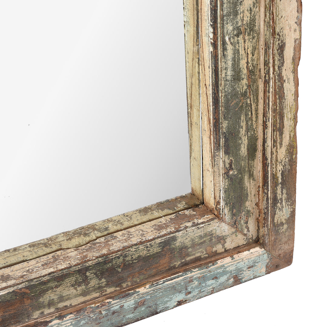 Frame Depth Detail From Antique Teak Haveli Window Frame Mirror With Distressed Paint And Mughal Arch Design