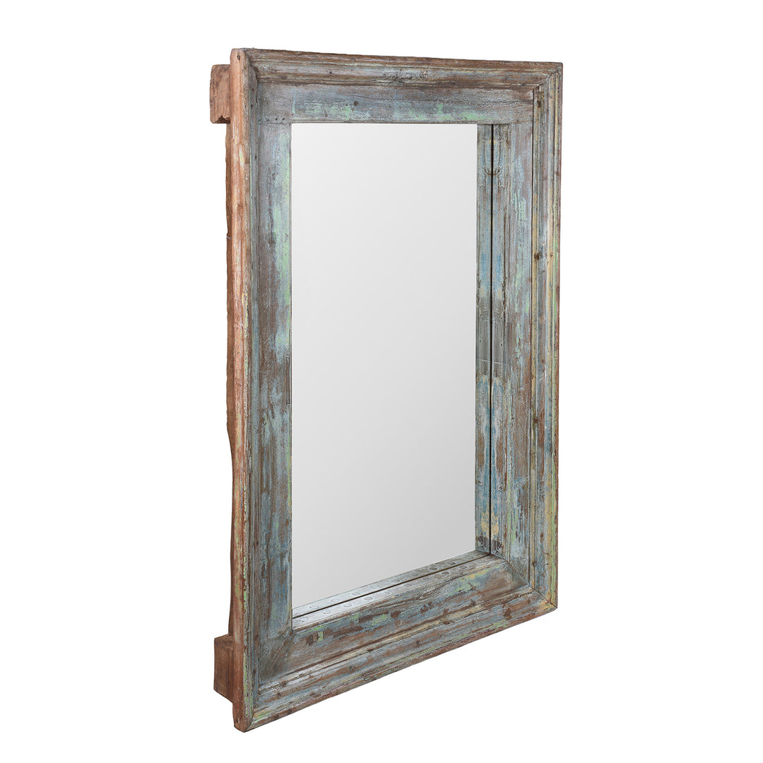 Angled View Of Reclaimed Teak Mirror With Traces Of Original Green Paint From Nineteenth Century Gujarat