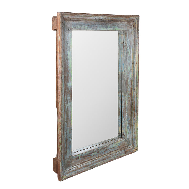 Angled View Of Reclaimed Teak Mirror With Traces Of Original Green Paint From Nineteenth Century Gujarat