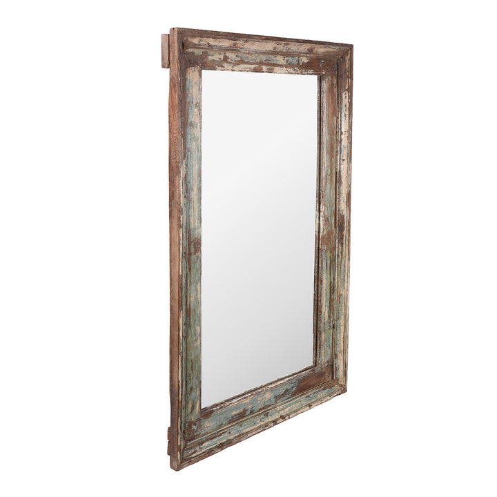 Angled View Of Mirror Made From Reclaimed Teak Wood With Traces Of Original Green Paint From Gujarat India