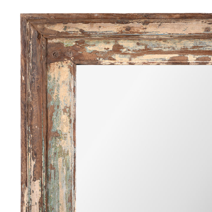 Corner Detail From Mirror Made From Reclaimed Teak Wood With Traces Of Original Green Paint From Gujarat India