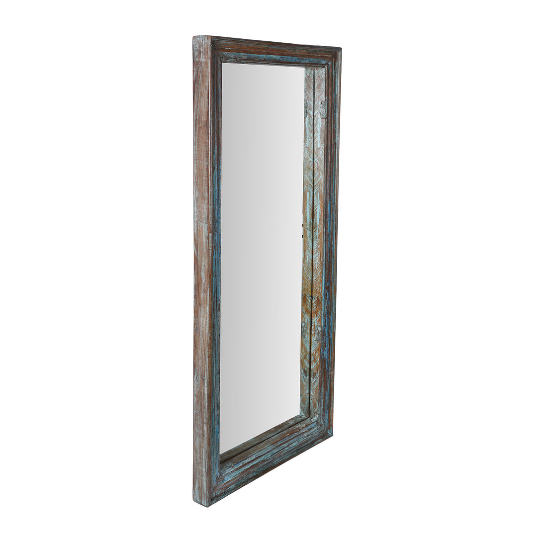 Angled VIew Of 19th Century Indian Reclaimed Teak Mirror From Gujarat With Original Painted Finish
