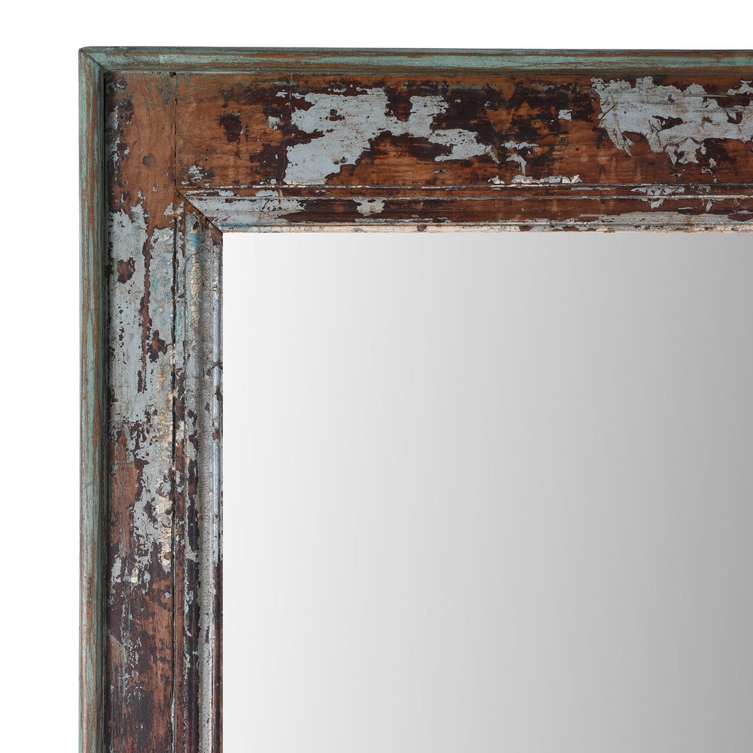 Corner Detail From 19th Century Indian Teak Mirror From Gujarat With Carved Face Motif And Original Blue Paint