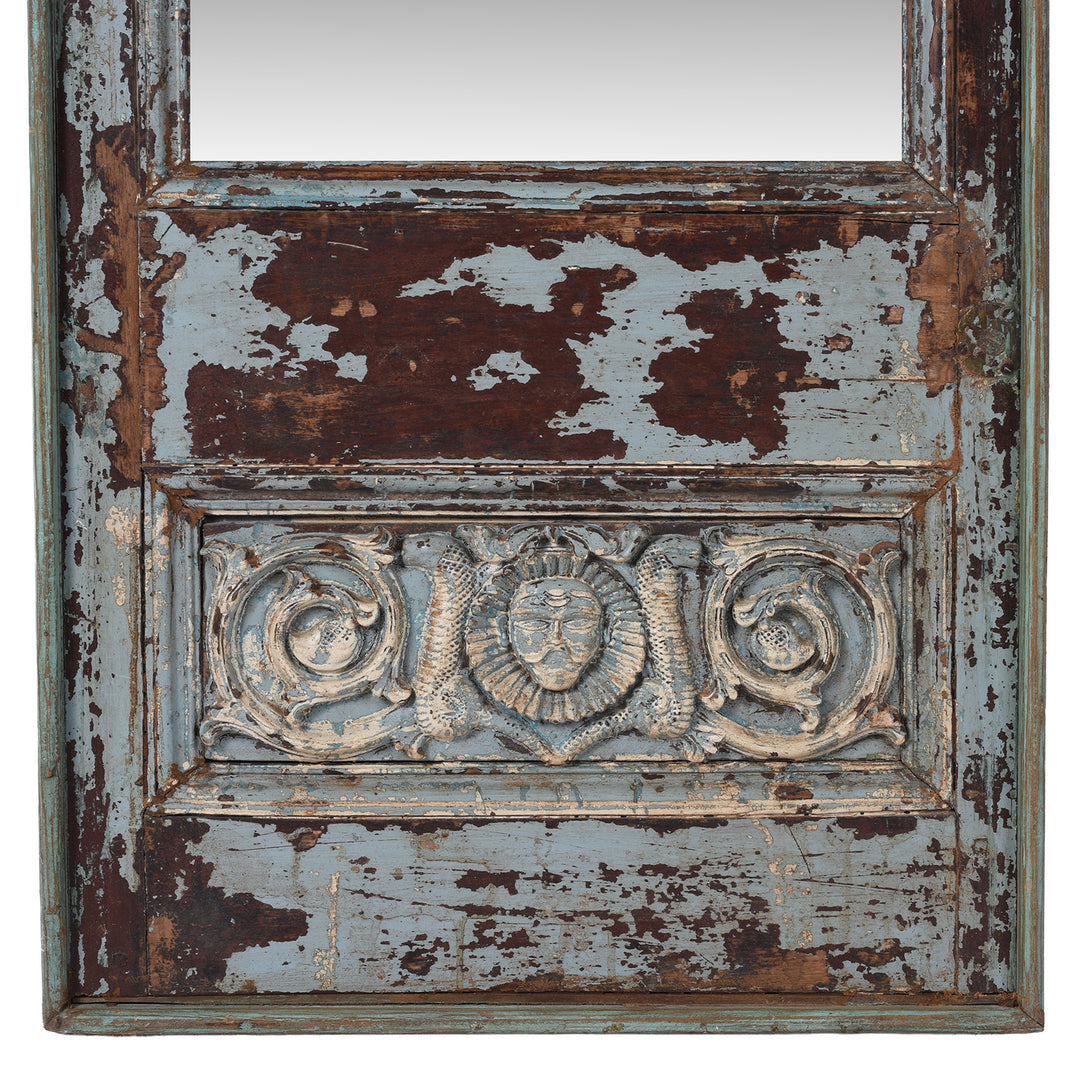Carving Detail From 19th Century Indian Teak Mirror From Gujarat With Carved Face Motif And Original Blue Paint