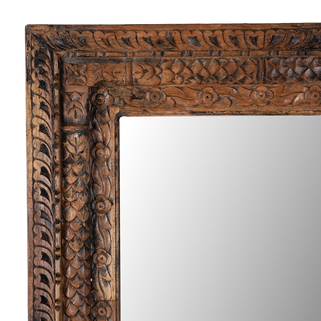 COrner Detail Showing Frame Carving On Carved Mirror Made From Reclaimed Teak Wood With Floral Detailing From Gujarat