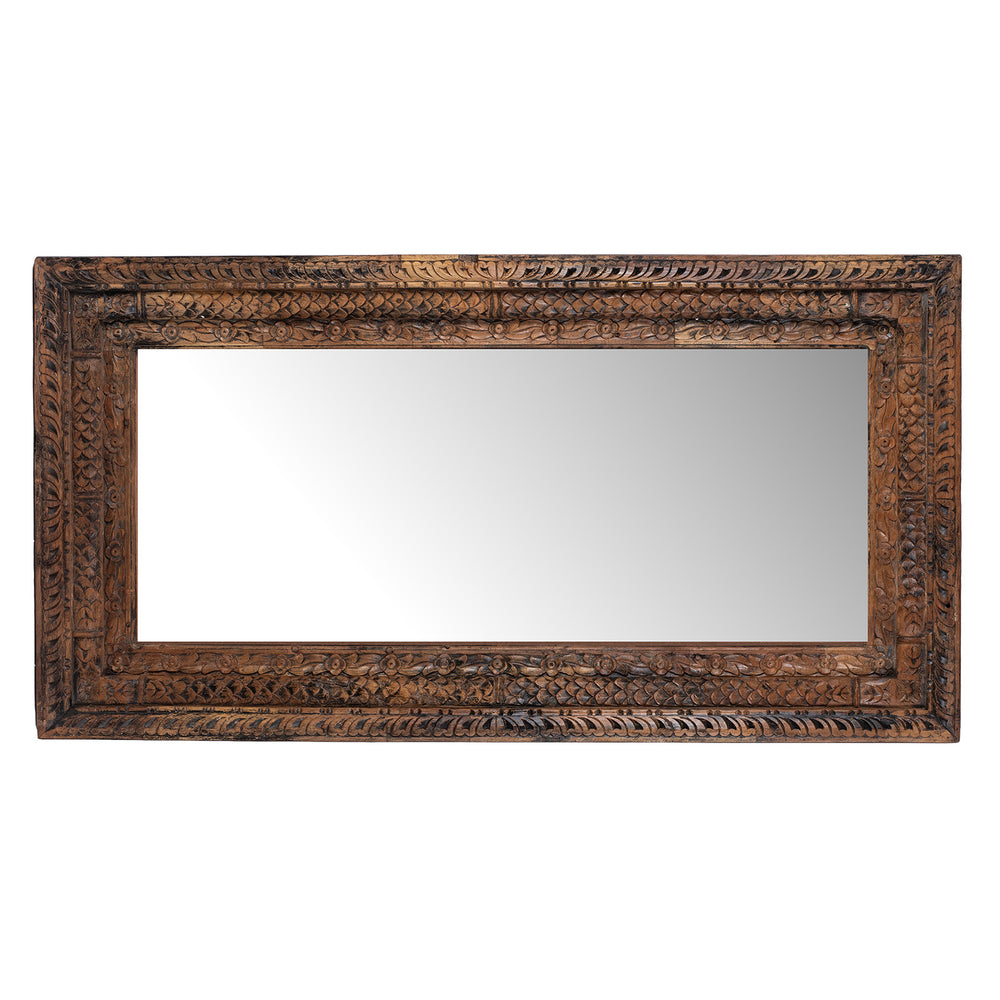 Landscape View Of Carved Mirror Made From Reclaimed Teak Wood With Floral Detailing From Gujarat