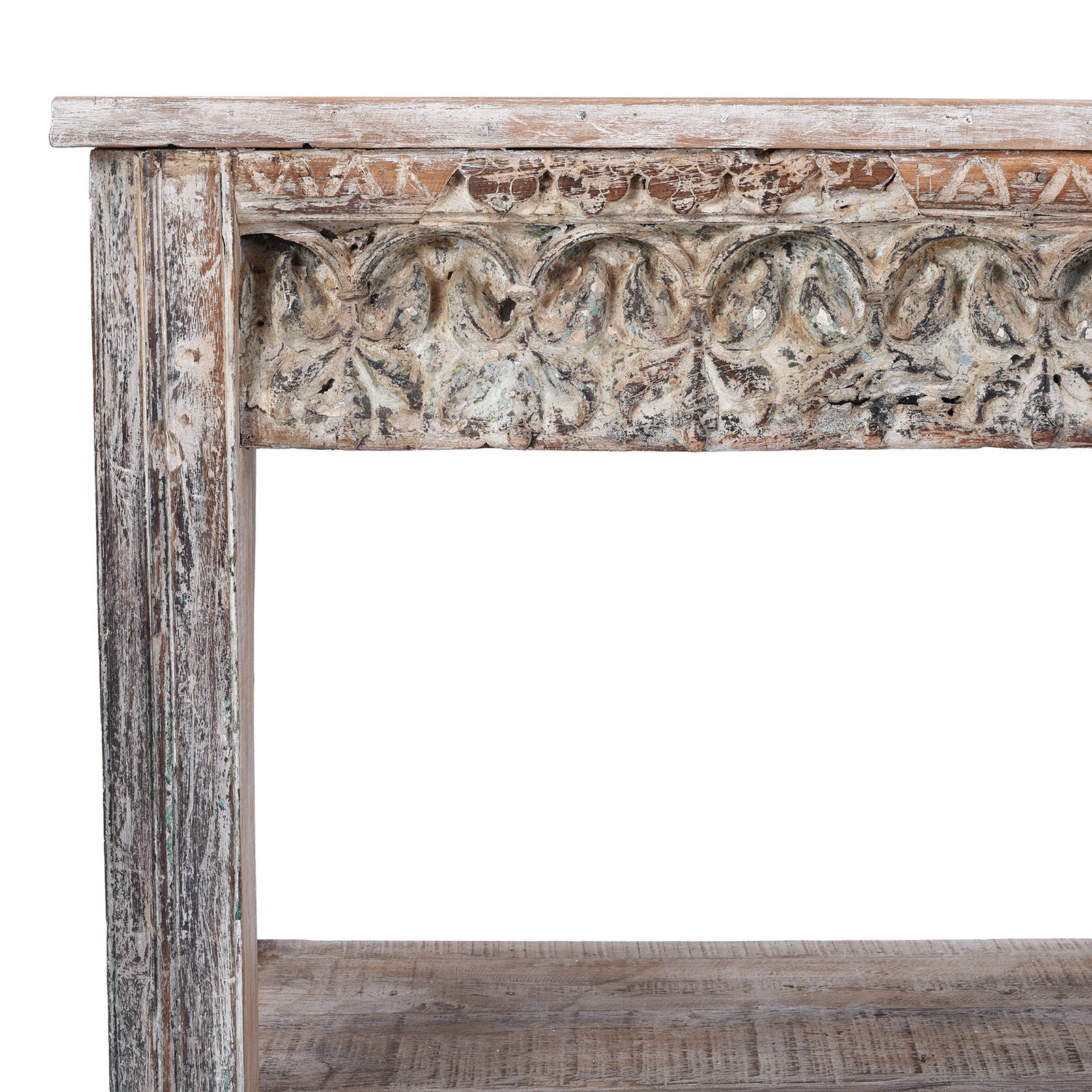 Corner Detail Showing Carving On Carved Indian Console Table Made From Reclaimed Teak Wood With Floral Detailing